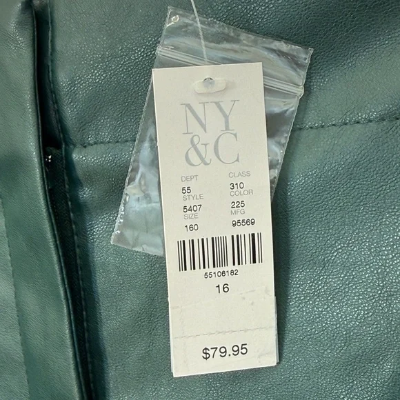NY & Company Faux Leather High Waist Belted Straight Leg Dark Green Pants SZ 16 - Picture 4 of 9